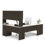 Bureau de direction en U noir/blanc avec huche et armoire, 65 po de largeur, tablette coulissante pour clavier, tiroir classeur