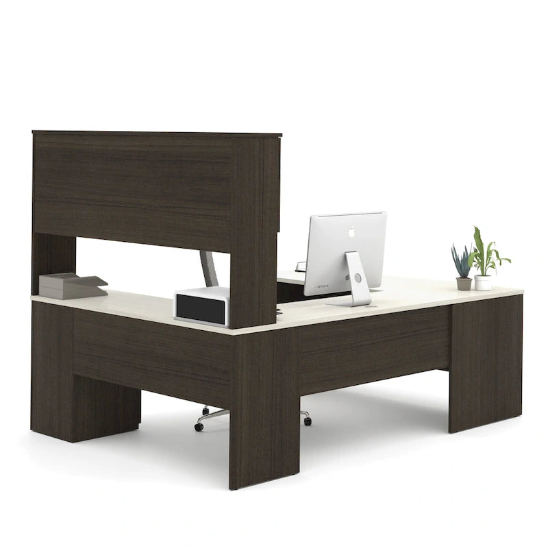 Bureau de direction en U noir/blanc avec huche et armoire, 65 po de largeur, tablette coulissante pour clavier, tiroir classeur