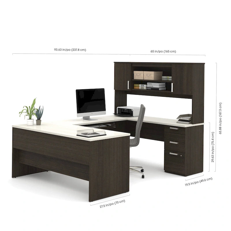 Bureau de direction en U noir/blanc avec huche et armoire, 65 po de largeur, tablette coulissante pour clavier, tiroir classeur