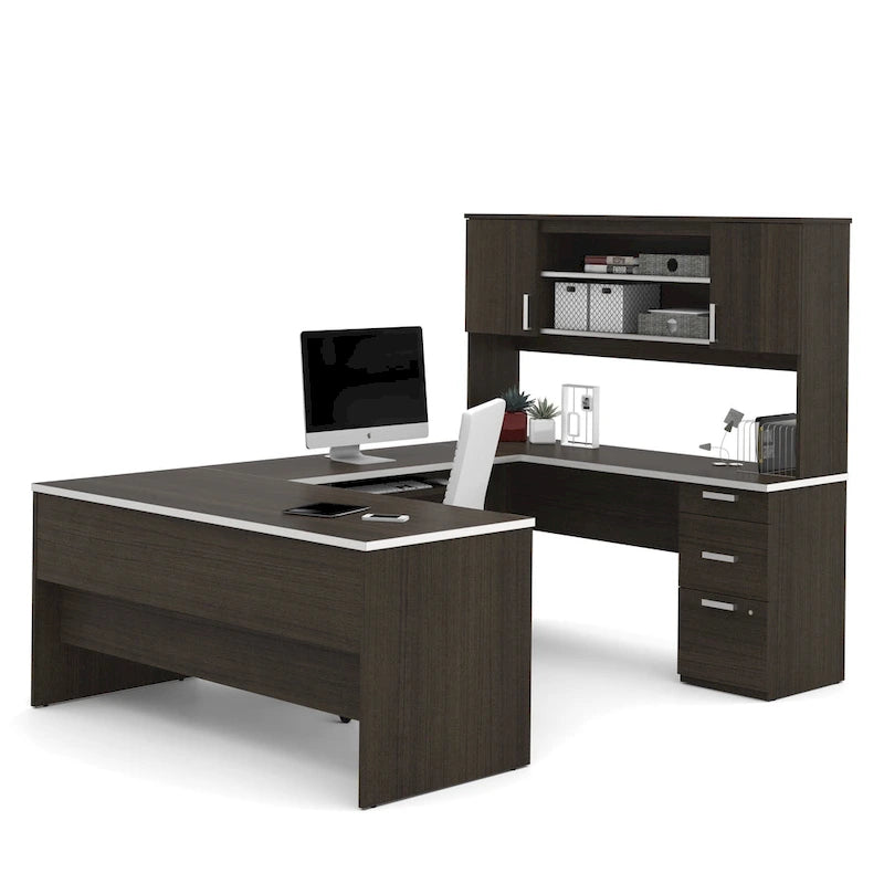 Bureau de direction en U noir/blanc avec huche et armoire, 65 po de largeur, tablette coulissante pour clavier, tiroir classeur