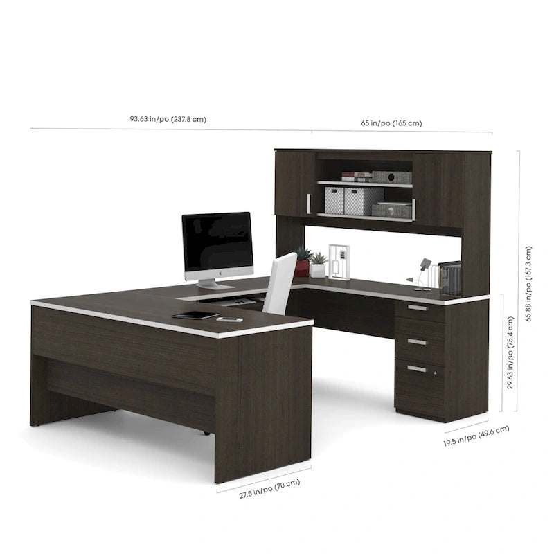 Bureau de direction en U noir/blanc avec huche et armoire, 65 po de largeur, tablette coulissante pour clavier, tiroir classeur