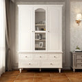 Armoire penderie blanche/marron foncé avec porte miroir, 3 portes, tringle à vêtements, 3 tiroirs et 4 étagères