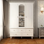 Armoire penderie blanche/marron foncé avec porte miroir, 3 portes, tringle à vêtements, 3 tiroirs et 4 étagères