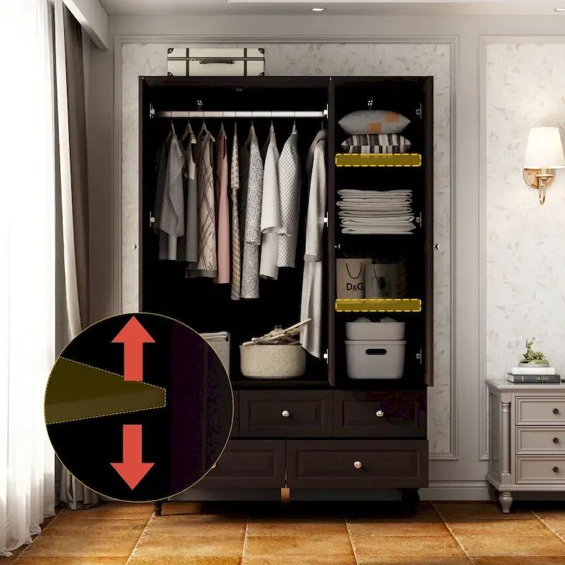 Armoire penderie blanche/marron foncé avec porte miroir, 3 portes, tringle à vêtements, 3 tiroirs et 4 étagères