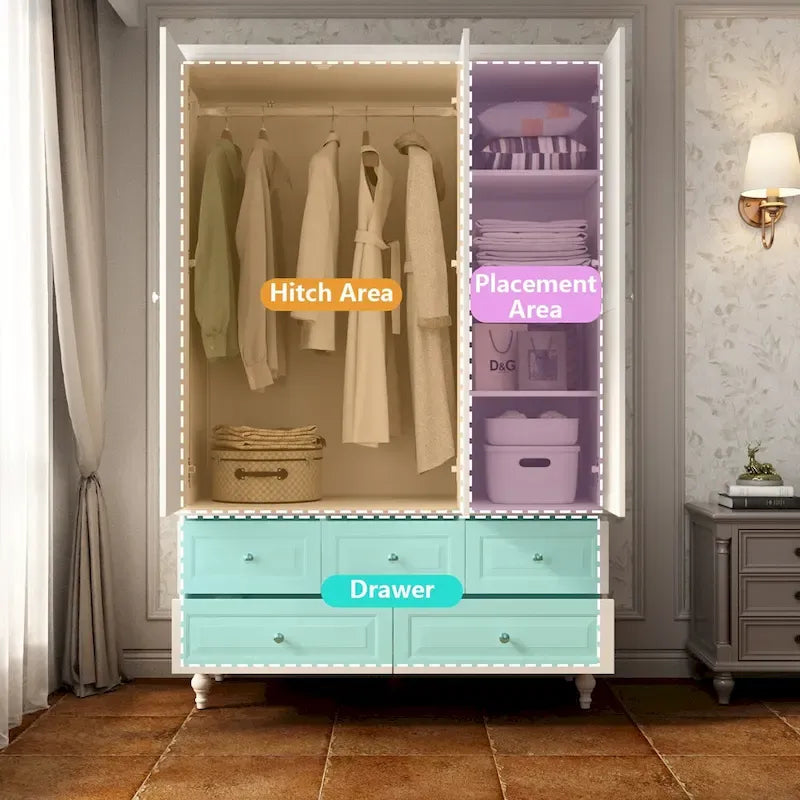 Armoire penderie blanche/marron foncé avec porte miroir, 3 portes, tringle à vêtements, 3 tiroirs et 4 étagères