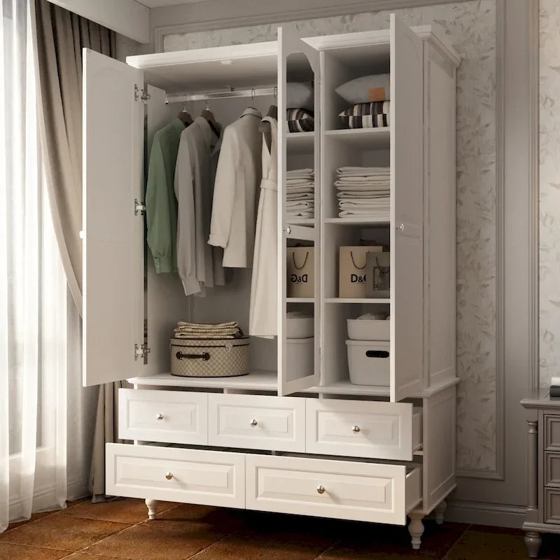 Armoire penderie blanche/marron foncé avec porte miroir, 3 portes, tringle à vêtements, 3 tiroirs et 4 étagères