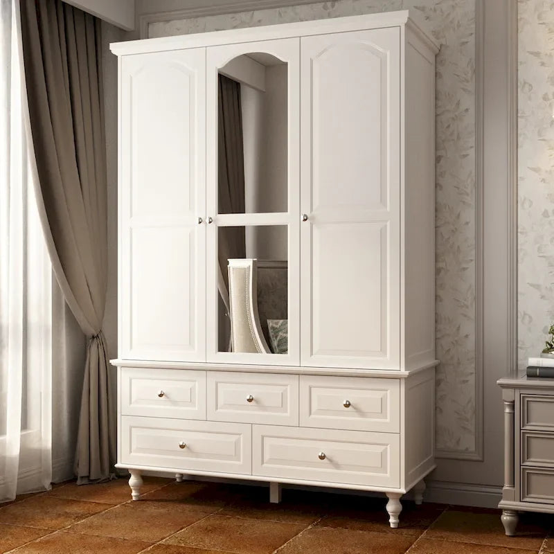 Armoire penderie blanche/marron foncé avec porte miroir, 3 portes, tringle à vêtements, 3 tiroirs et 4 étagères