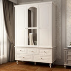 Armoire penderie blanche/marron foncé avec porte miroir, 3 portes, tringle à vêtements, 3 tiroirs et 4 étagères