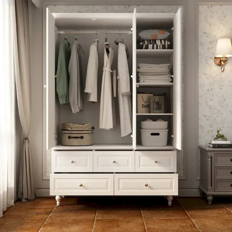 Armoire penderie blanche/marron foncé avec porte miroir, 3 portes, tringle à vêtements, 3 tiroirs et 4 étagères