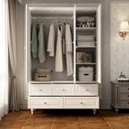 Armoire penderie blanche/marron foncé avec porte miroir, 3 portes, tringle à vêtements, 3 tiroirs et 4 étagères