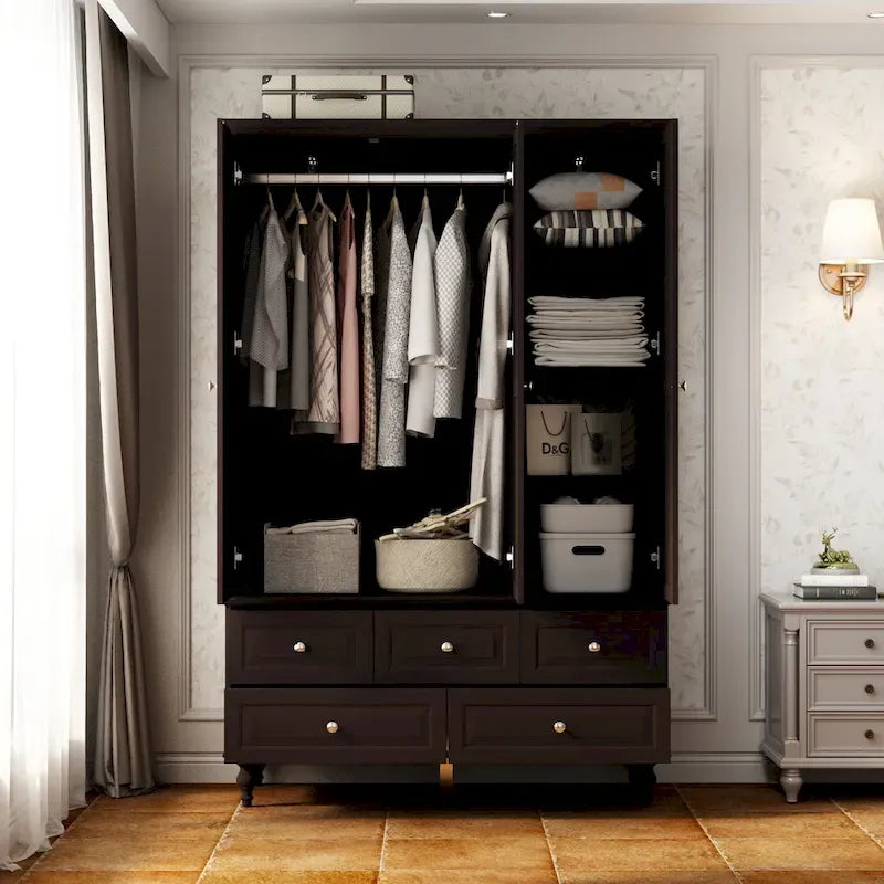 Armoire penderie blanche/marron foncé avec porte miroir, 3 portes, tringle à vêtements, 3 tiroirs et 4 étagères