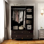 Armoire penderie blanche/marron foncé avec porte miroir, 3 portes, tringle à vêtements, 3 tiroirs et 4 étagères