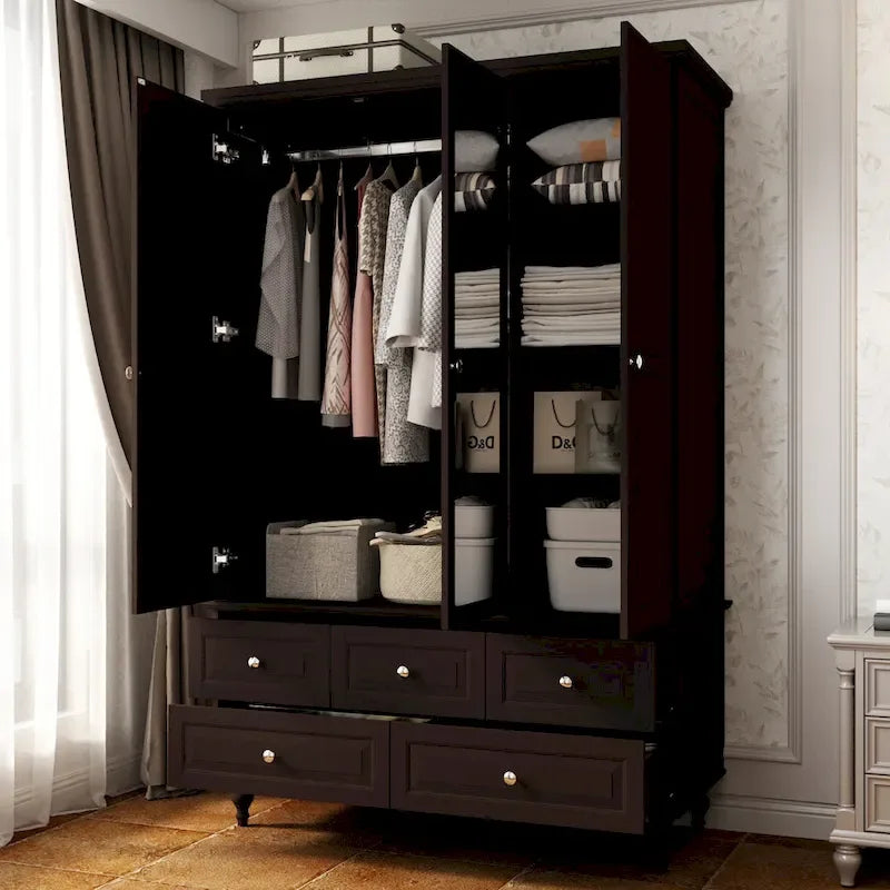 Armoire penderie blanche/marron foncé avec porte miroir, 3 portes, tringle à vêtements, 3 tiroirs et 4 étagères