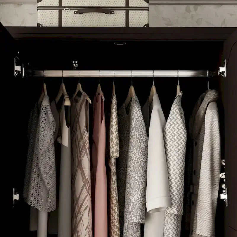 Armoire penderie blanche/marron foncé avec porte miroir, 3 portes, tringle à vêtements, 3 tiroirs et 4 étagères
