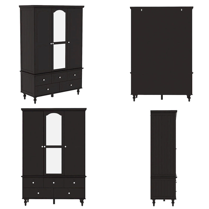 Armoire penderie blanche/marron foncé avec porte miroir, 3 portes, tringle à vêtements, 3 tiroirs et 4 étagères