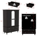 Armoire penderie blanche/marron foncé avec porte miroir, 3 portes, tringle à vêtements, 3 tiroirs et 4 étagères