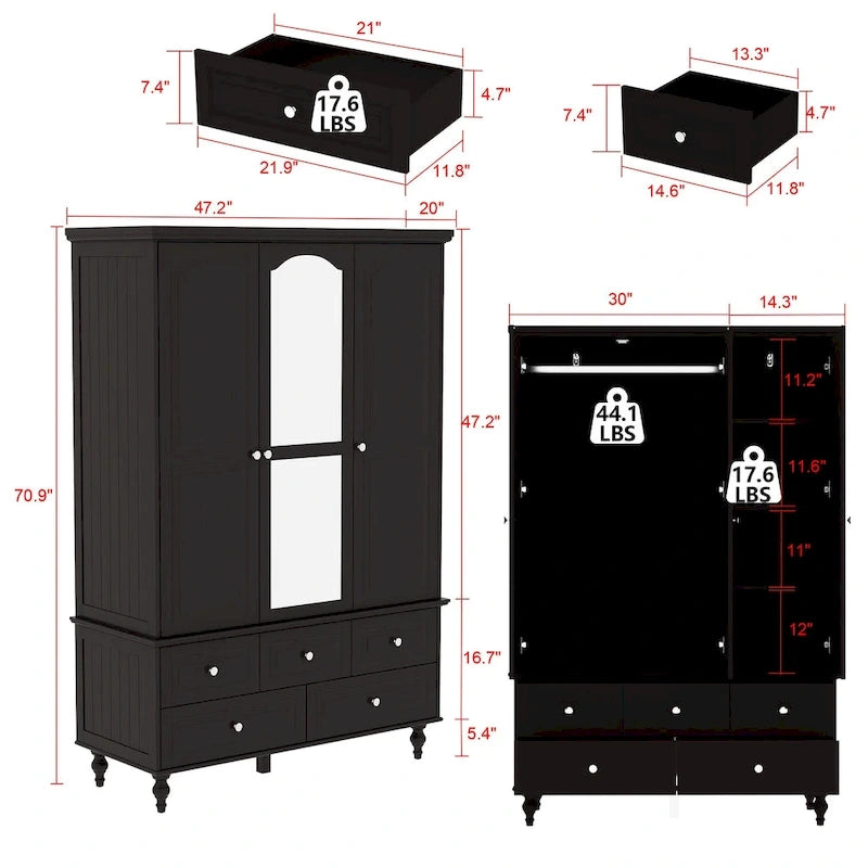 Armoire penderie blanche/marron foncé avec porte miroir, 3 portes, tringle à vêtements, 3 tiroirs et 4 étagères