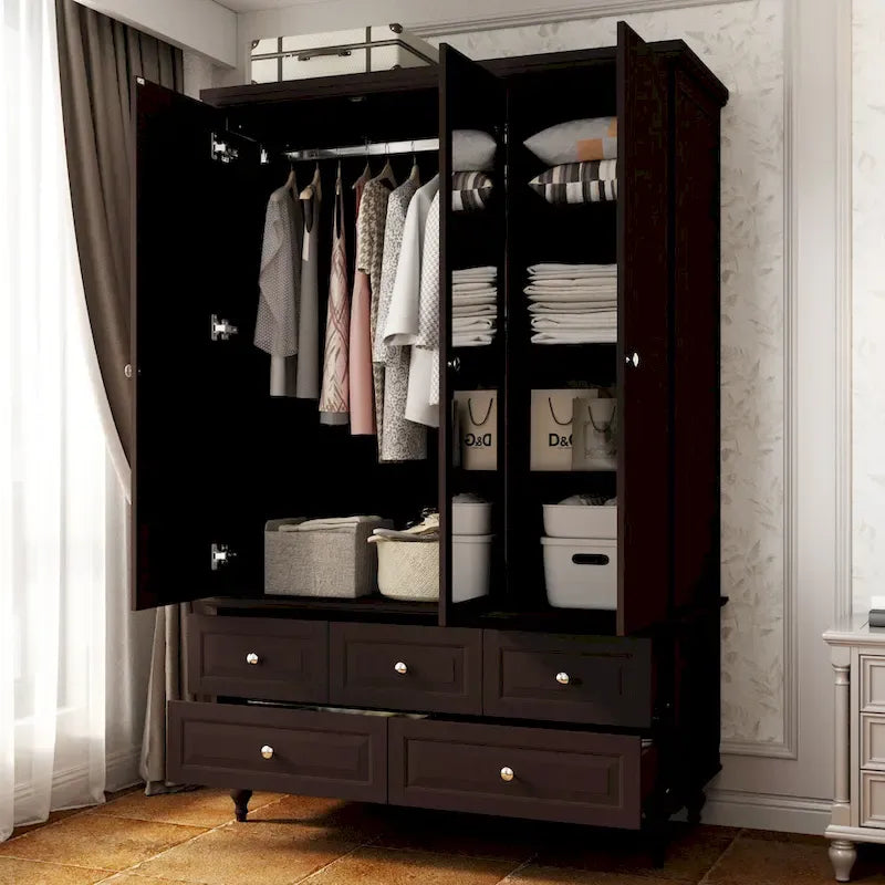 Armoire penderie blanche/marron foncé avec porte miroir, 3 portes, tringle à vêtements, 3 tiroirs et 4 étagères