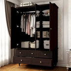 Armoire penderie blanche/marron foncé avec porte miroir, 3 portes, tringle à vêtements, 3 tiroirs et 4 étagères