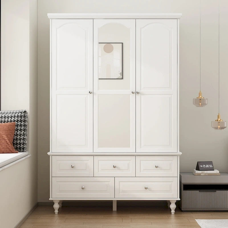 Armoire penderie blanche/marron foncé avec porte miroir, 3 portes, tringle à vêtements, 3 tiroirs et 4 étagères