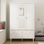 Armoire penderie blanche/marron foncé avec porte miroir, 3 portes, tringle à vêtements, 3 tiroirs et 4 étagères