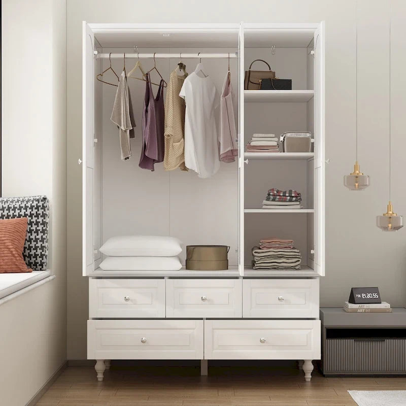 Armoire penderie blanche/marron foncé avec porte miroir, 3 portes, tringle à vêtements, 3 tiroirs et 4 étagères