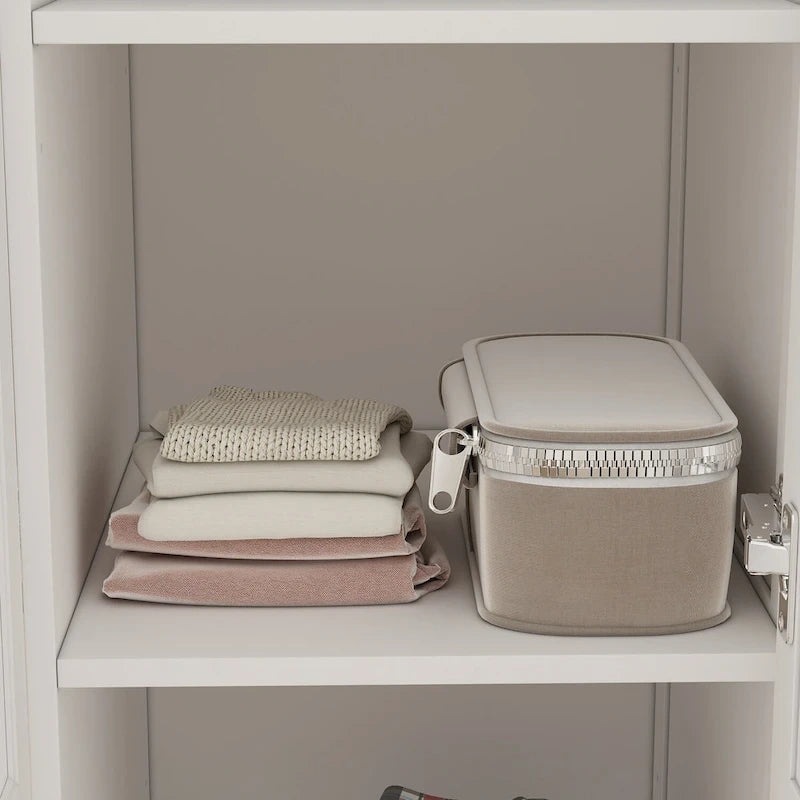 Armoire penderie blanche/marron foncé avec porte miroir, 3 portes, tringle à vêtements, 3 tiroirs et 4 étagères