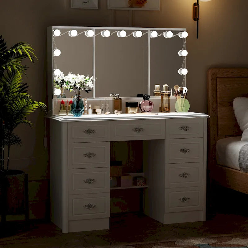 Coiffeuse avec miroir triptyque, blanche, éclairage LED réglable, 1 place