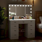 Coiffeuse avec miroir triptyque, blanche, éclairage LED réglable, 1 place