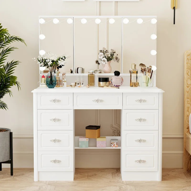 Coiffeuse avec miroir triptyque, blanche, éclairage LED réglable, 1 place