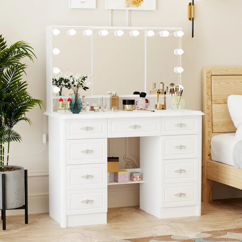 Coiffeuse avec miroir triptyque, blanche, éclairage LED réglable, 1 place