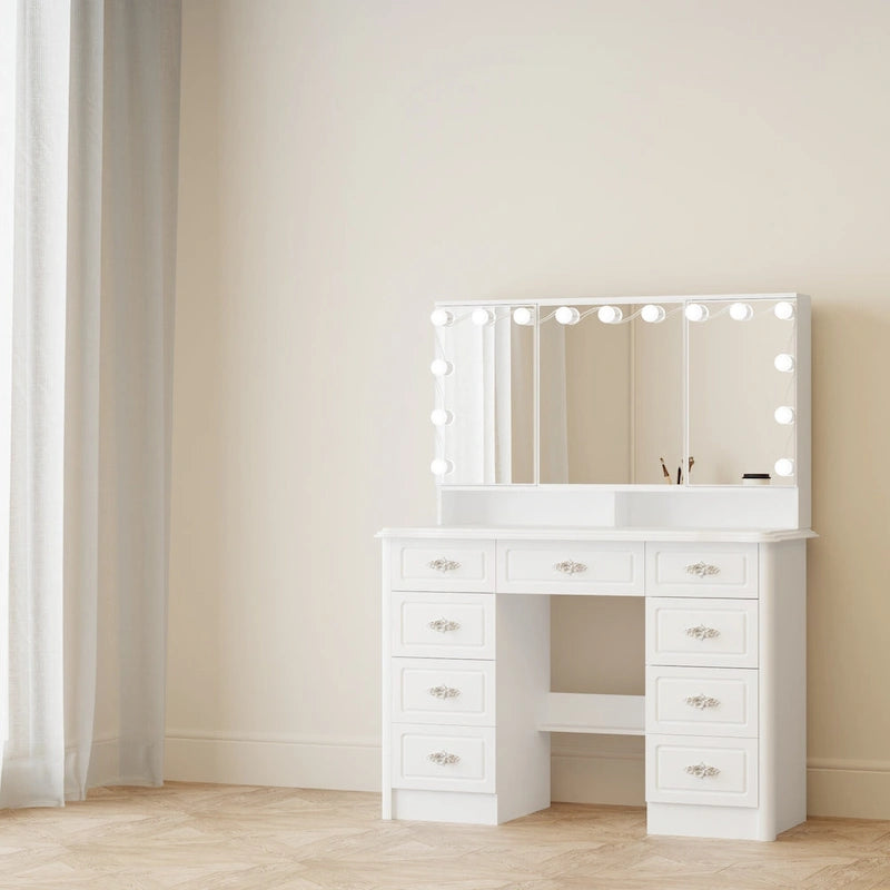 Coiffeuse avec miroir triptyque, blanche, éclairage LED réglable, 1 place