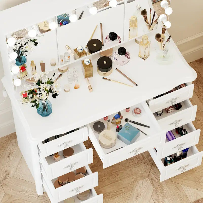 Coiffeuse avec miroir triptyque, blanche, éclairage LED réglable, 1 place
