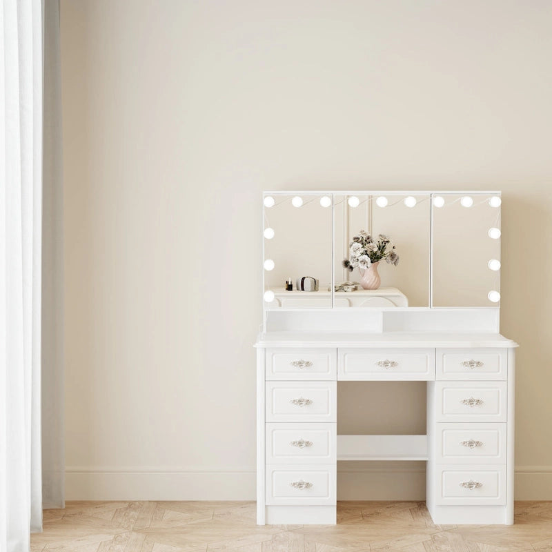 Coiffeuse avec miroir triptyque, blanche, éclairage LED réglable, 1 place
