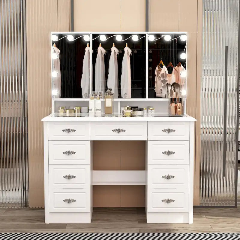 Coiffeuse avec miroir triptyque, blanche, éclairage LED réglable, 1 place