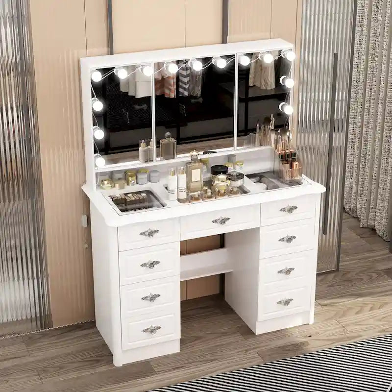 Coiffeuse avec miroir triptyque, blanche, éclairage LED réglable, 1 place