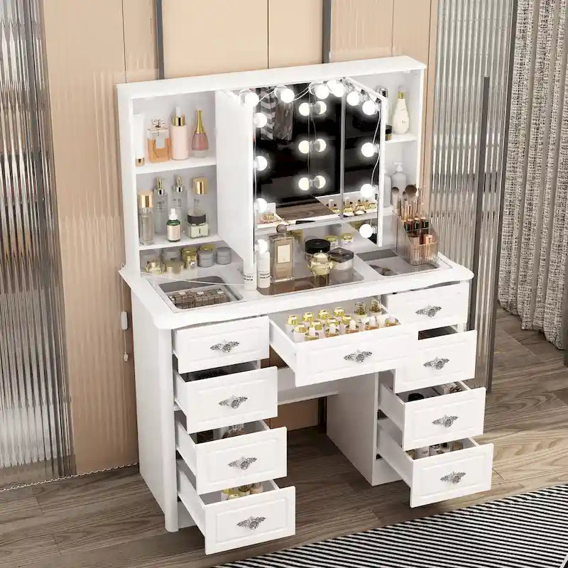 Coiffeuse avec miroir triptyque, blanche, éclairage LED réglable, 1 place