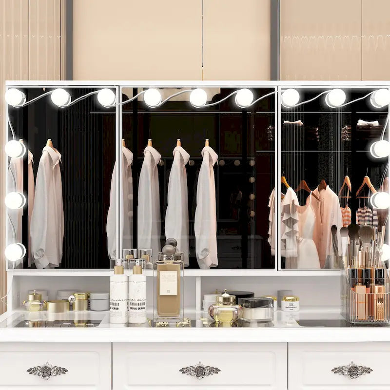 Coiffeuse avec miroir triptyque, blanche, éclairage LED réglable, 1 place