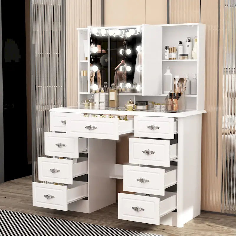 Coiffeuse avec miroir triptyque, blanche, éclairage LED réglable, 1 place