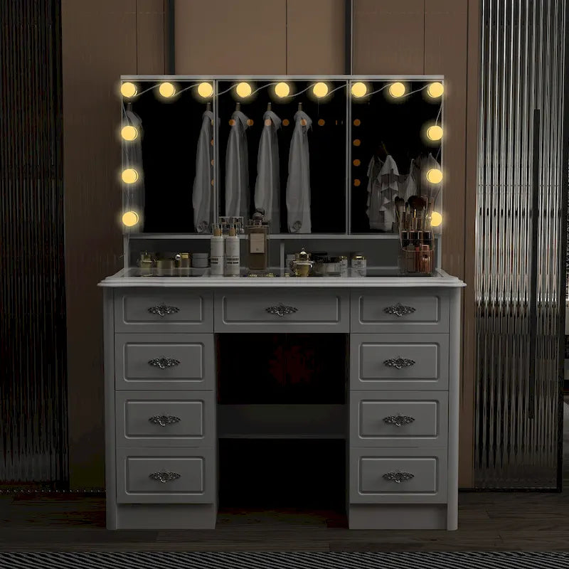 Coiffeuse avec miroir triptyque, blanche, éclairage LED réglable, 1 place