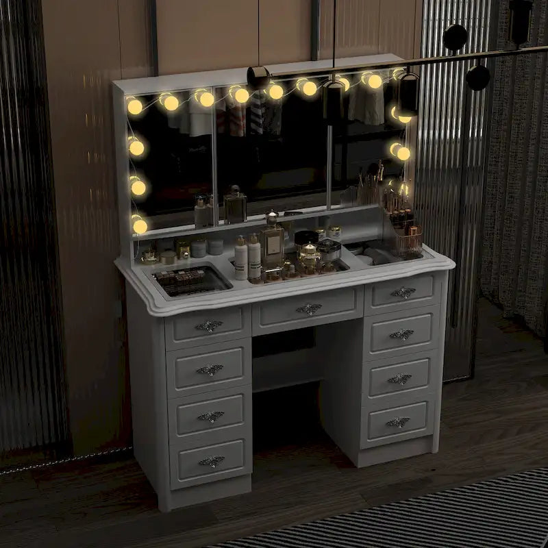 Coiffeuse avec miroir triptyque, blanche, éclairage LED réglable, 1 place