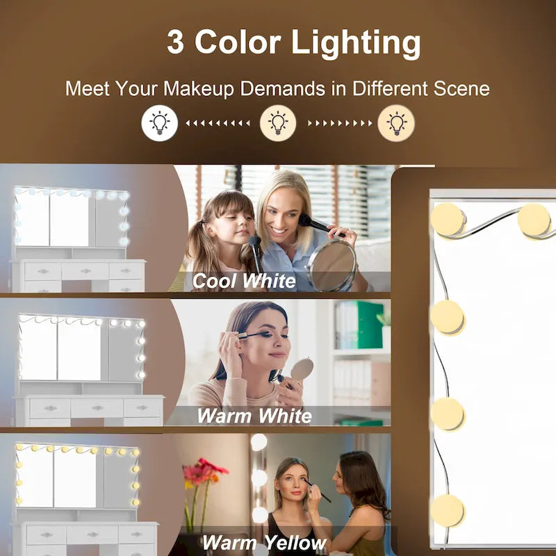 Coiffeuse avec miroir triptyque, blanche, éclairage LED réglable, 1 place