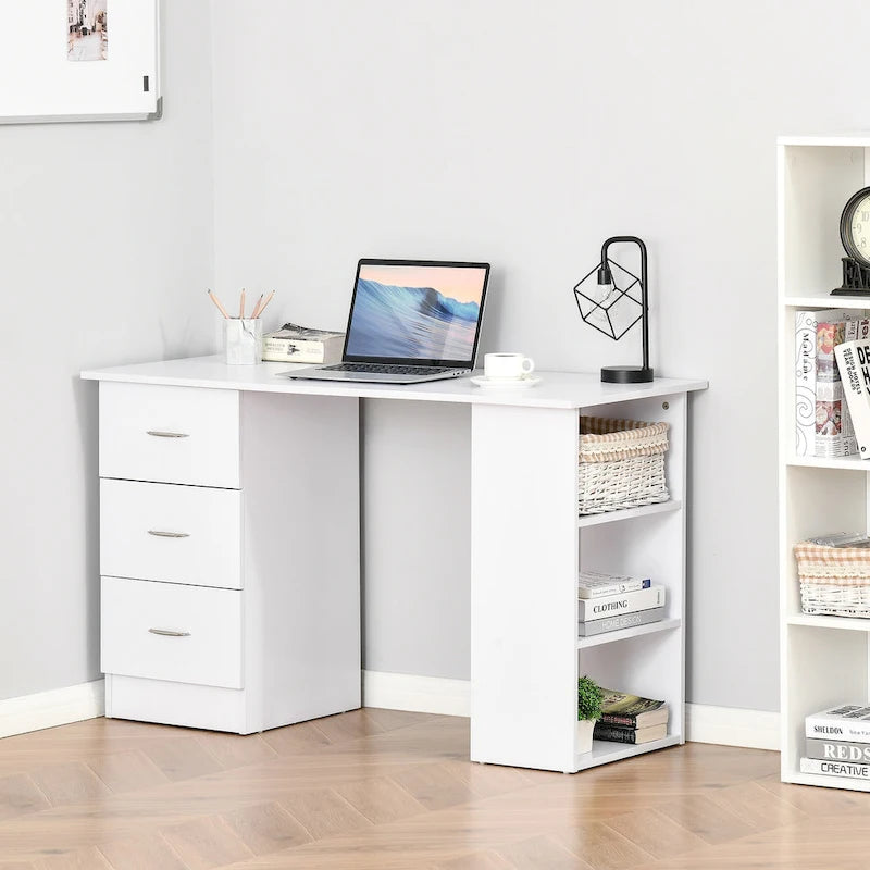 47" Bureau d'ordinateur moderne avec bibliothèque, table d'écriture, poste de travail avec 3 tiroirs et étagère de rangement - Blanc