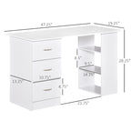 47" Bureau d'ordinateur moderne avec bibliothèque, table d'écriture, poste de travail avec 3 tiroirs et étagère de rangement - Blanc