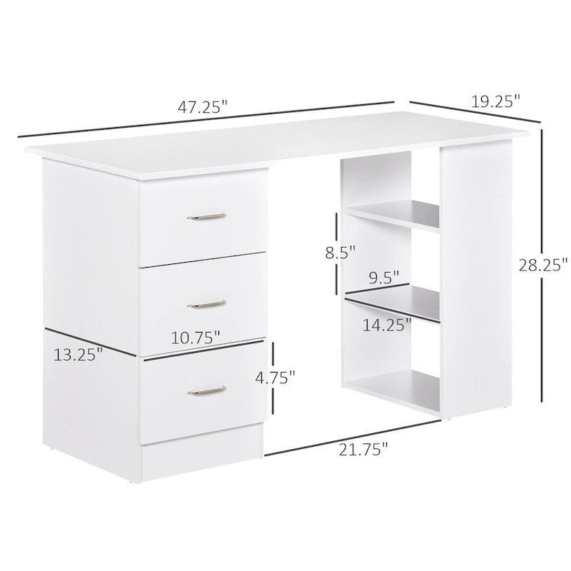 47" Bureau d'ordinateur moderne avec bibliothèque, table d'écriture, poste de travail avec 3 tiroirs et étagère de rangement - Blanc