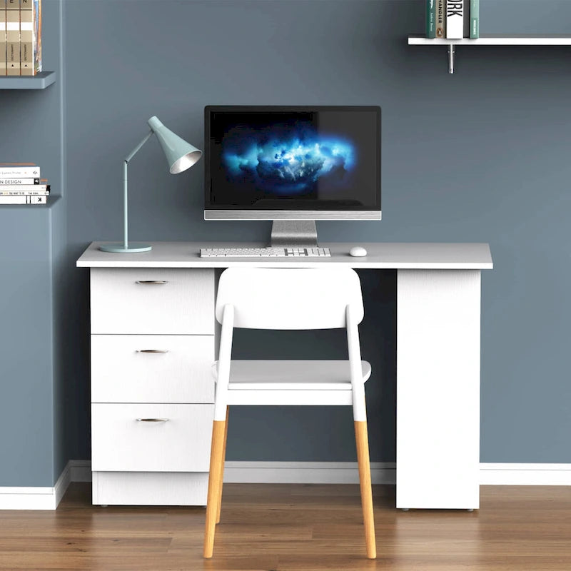 47" Bureau d'ordinateur moderne avec bibliothèque, table d'écriture, poste de travail avec 3 tiroirs et étagère de rangement - Blanc