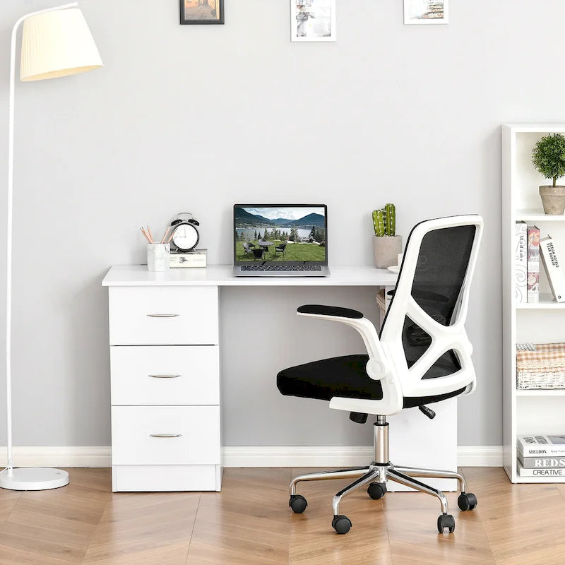 47" Bureau d'ordinateur moderne avec bibliothèque, table d'écriture, poste de travail avec 3 tiroirs et étagère de rangement - Blanc