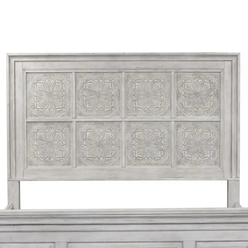 Tête de lit King size à panneaux décoratifs, blanc antique, bois massif