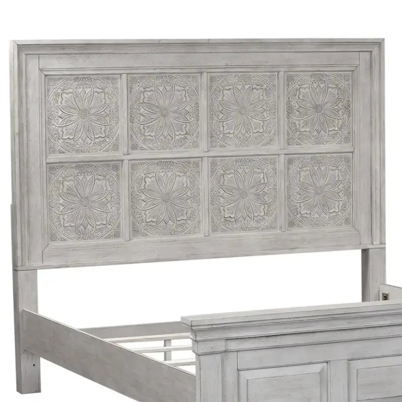 Tête de lit King size à panneaux décoratifs, blanc antique, bois massif