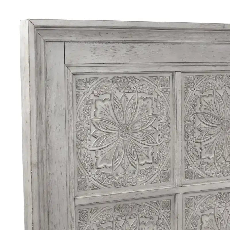 Tête de lit King size à panneaux décoratifs, blanc antique, bois massif